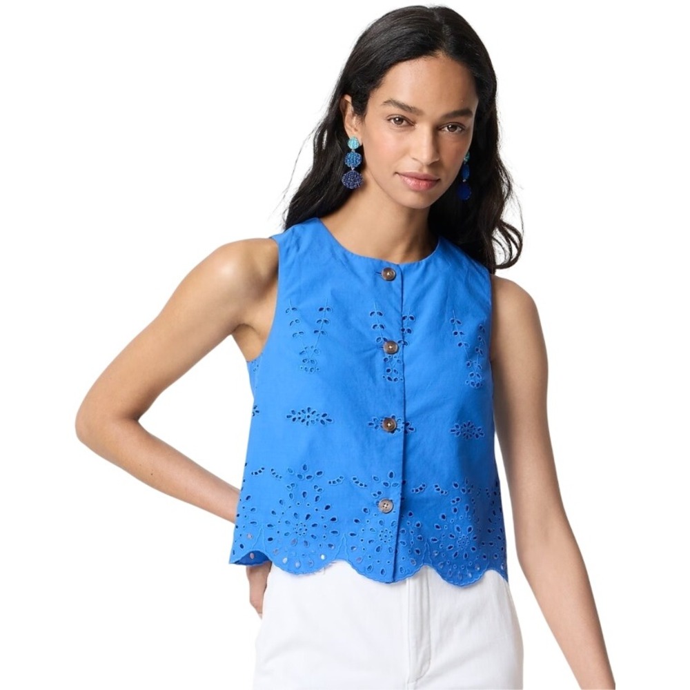J.Crew Blue Eyelet Sleeveless Button Front Scalloped Crop Top CU691 XXS NEW